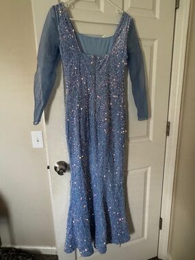 Sequined Light Blue Long Sleeve Evening Gown